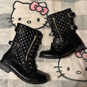 Quilted Lace-Up Combat Boots with Gold Zipper